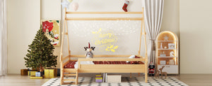 English Elm Twin House Shaped Platform Bed Solid Pine Frame with Built in Stairs for Kids Natural W1580P354721
