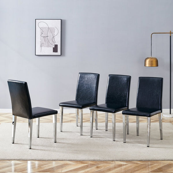English Elm Four PU dining chairs with sleek silver metal legs, ergonomic PU seats, anti-slip feet, easy assembly, modern minimalist style Black+Silver W1151P269018
