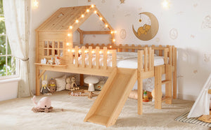 English Elm Twin Playhouse Loft Bed Solid Pine Frame with Slide Led Lights and Star Roof Natural W5316S00002