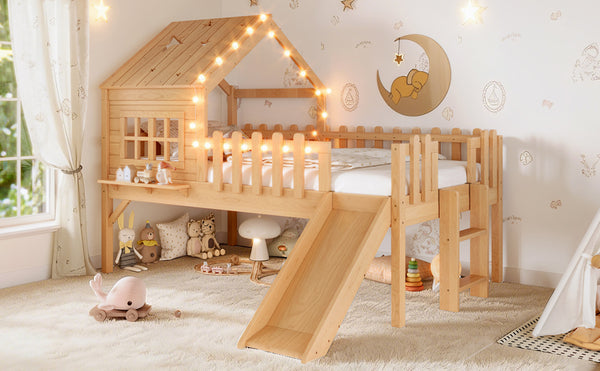 English Elm Twin Playhouse Loft Bed Solid Pine Frame with Slide Led Lights and Star Roof Natural W5316S00002