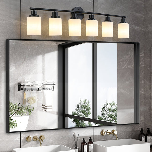 English Elm 39" Modern 6-Light Vanity Wall Sconce With Frosted White Glass & Black Iron Frame For Stylish Lighting W2312P374807