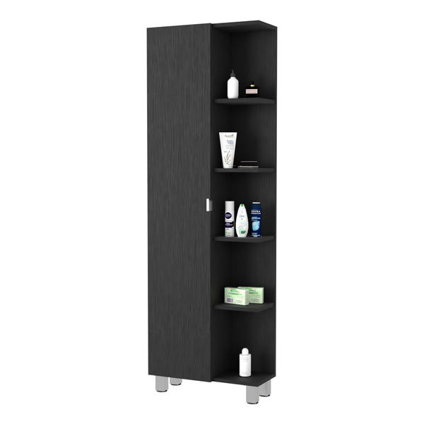 English Elm Urano Mirrored Linen Cabinet with 4 Interior Adjustable Shelves and 5 Open Exterior Storage Shelves Black 63.4 L x 16.5 W x 4.7 H B20091988