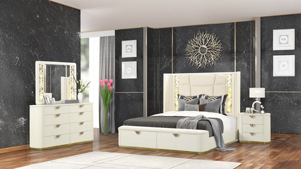 English Elm La Pierre Luxurious 4 Pc King Upholstered Bedroom Set With Gold Accents And Ambient Lighting B009S02121