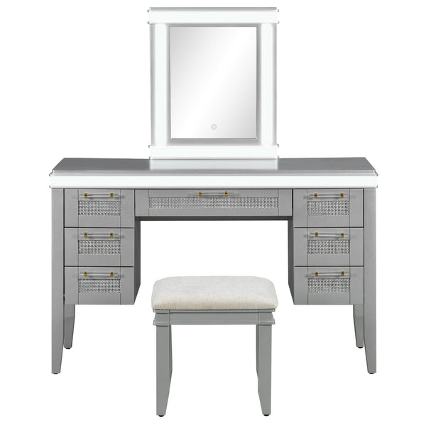 English Elm 48" Makeup Vanity Desk with Led Mirror Bamboo Weave Drawers Cushioned Stool Bedroom Grayish Blue N704P337484E