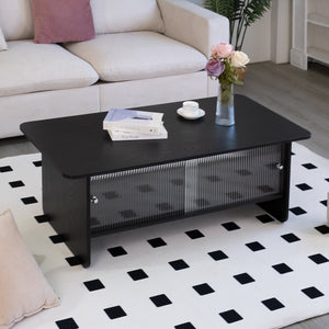 English Elm 47"rectangular Coffee Table Fluted Glass Sliding Doors Retro Wood Grain Living Room Storage Black W3935P408521