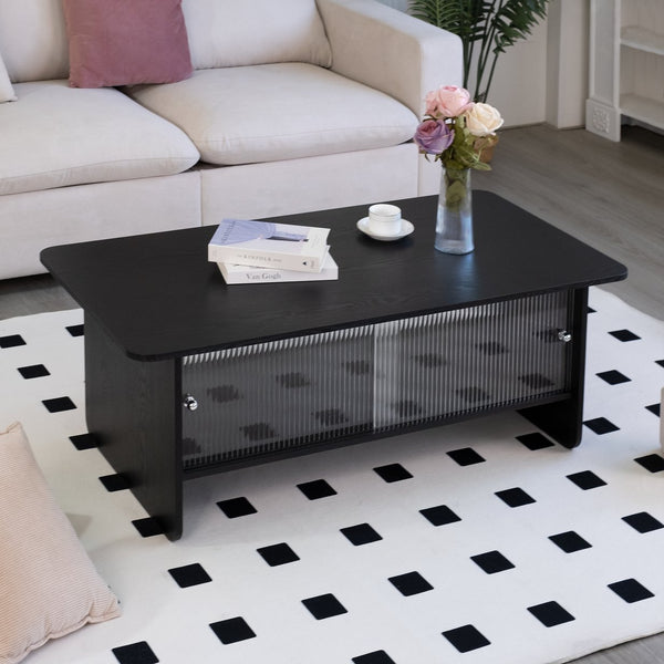 English Elm 47"rectangular Coffee Table Fluted Glass Sliding Doors Retro Wood Grain Living Room Storage Black W3935P408521