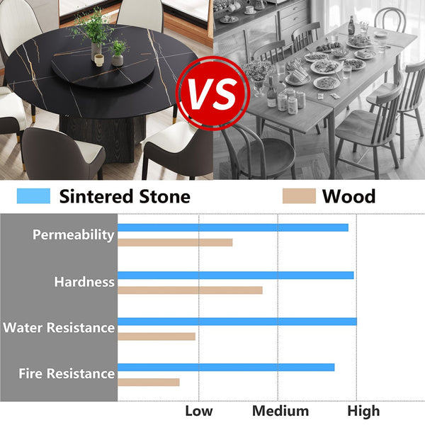 English Elm 59.05" Round Marble Dining Table With Black Oak Base, 31.5" Turntable For Stylish Entertaining Up To 8 W1535S00382