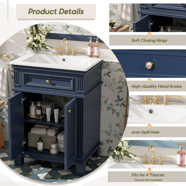 English Elm 24'' Carved Farmhouse Bathroom Vanity with Ceramic Sink Soft Close Storage Cabinet Blue N710P446530C