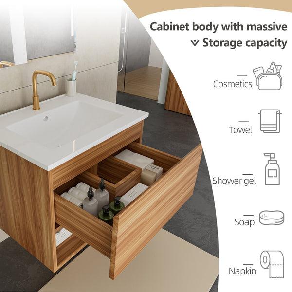 English Elm 24 Inch Floating Bathroom Vanity Fluted Walnut Cabinet with Ceramic Sink Modern W3520S00041