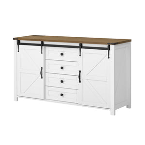 English Elm U-style Farmhouse Sideboard Barn Door Buffet with Drawers Built-in Outlet Dining White N711P347377K