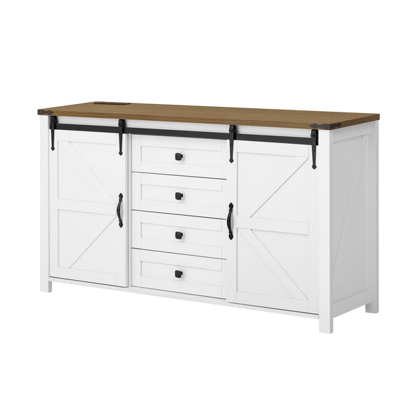 English Elm U-style Farmhouse Sideboard Barn Door Buffet with Drawers Built-in Outlet Dining White N711P347377K