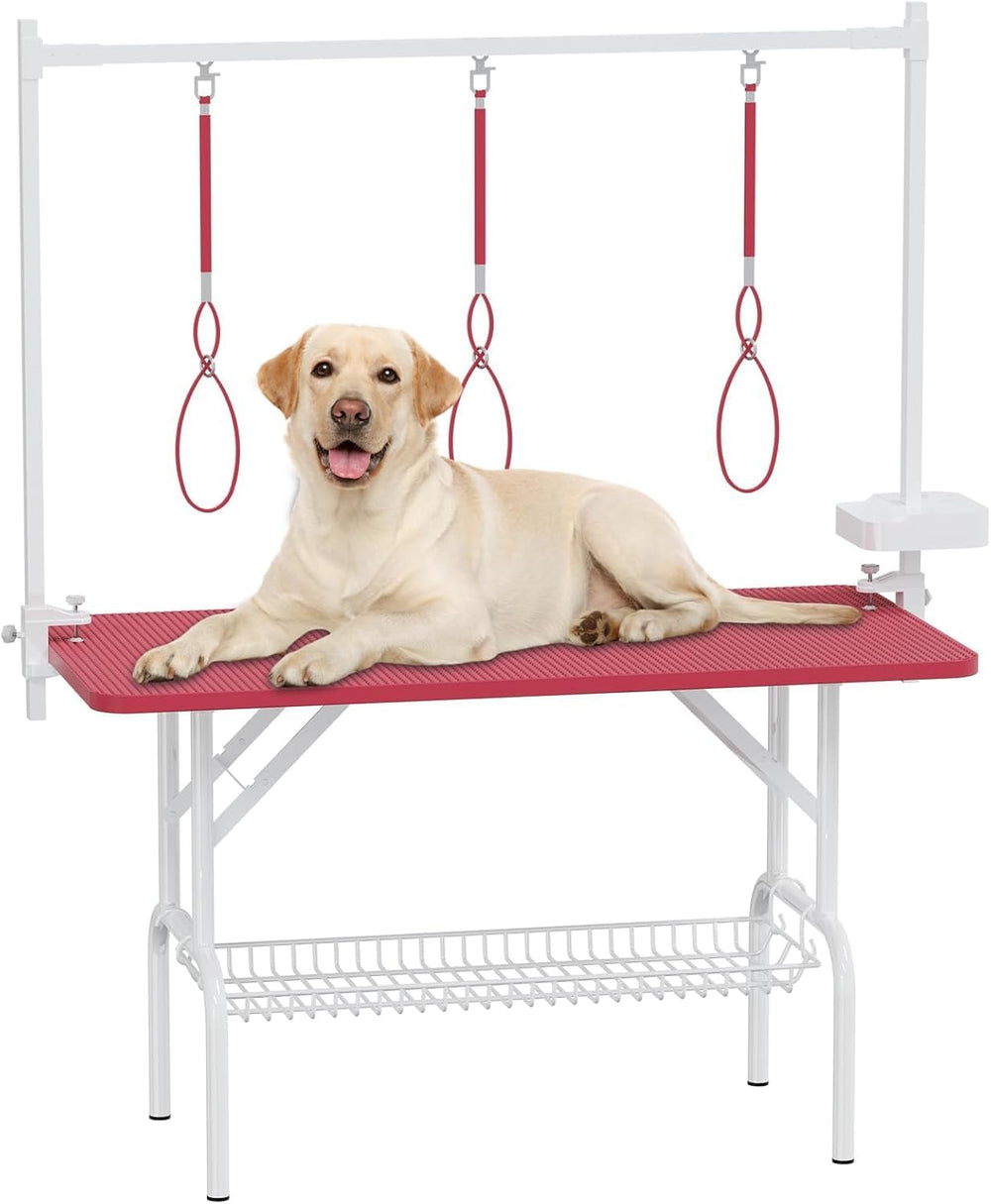English Elm 47'' Foldable Dog Grooming Table X-lift Adjustable Height Station with Arm Noose Organizer Pink W3587P358729