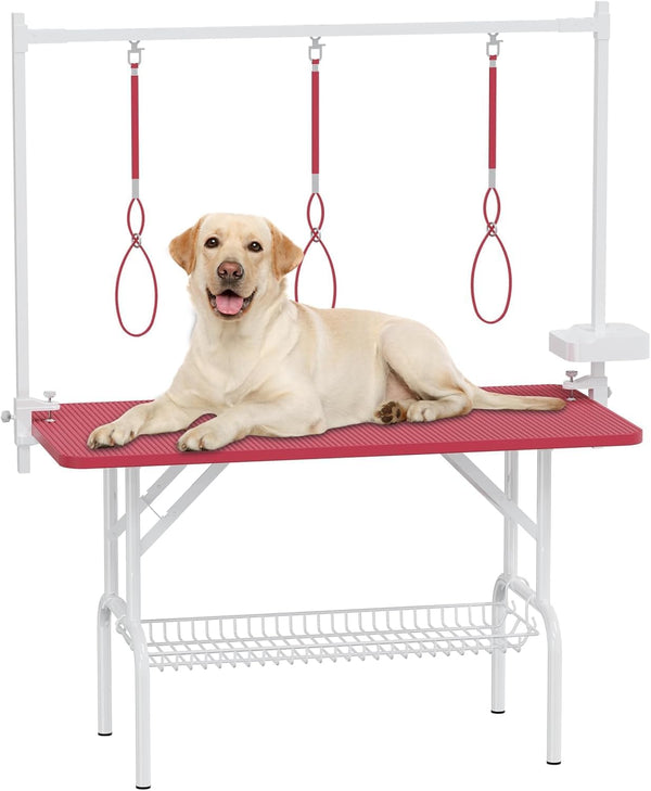 English Elm 47'' Foldable Dog Grooming Table X-lift Adjustable Height Station with Arm Noose Organizer Pink W3587P358729