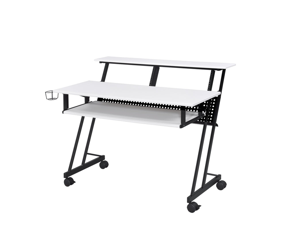 English Elm Suitor White & Black Studio Desk with Sliding Keyboard Tray, 61-Key Support, Open Storage, Casters B2726P297802