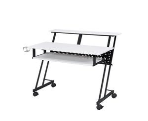 English Elm Suitor White & Black Studio Desk with Sliding Keyboard Tray, 61-Key Support, Open Storage, Casters B2726P297802