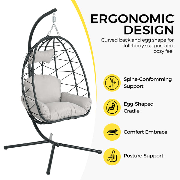 English Elm Hanging Wicker Egg Swing Chair with Stand Ergonomic Cradle for Patio or Bedroom T5880P497555