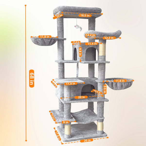 English Elm 68in Tall Six Level Plush Cat Tower with Sisal Posts Hammock Cave and Washable Perches Light Gray W243P326779