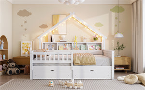 English Elm Wood Full Size Gaming Loft Bed with Integrated Desk, Shelves, LED Lighting & Hanging Clothes Rack White N7090001044K