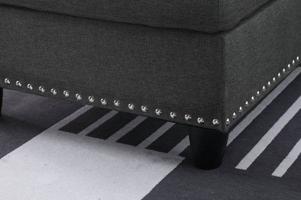 English Elm Black Faux Leather Sectional Sofa with Cup Holders Storage Ottoman and Nailhead Trim Dark Gray B2730S00025
