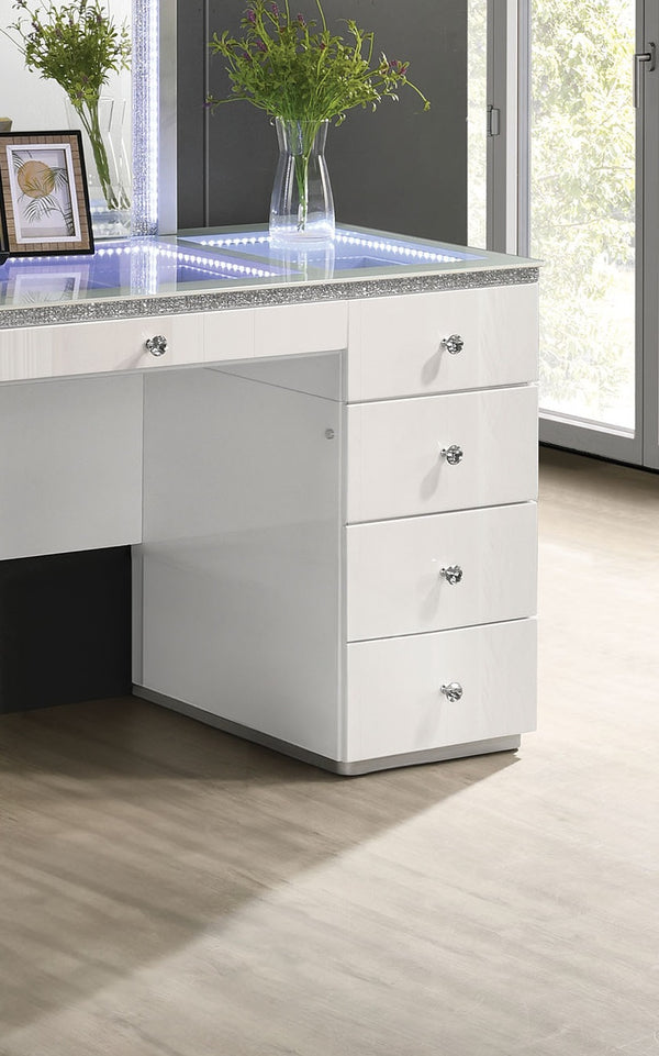 English Elm Contemporary Glam Vanity with Rhinestone Trim and Tempered Glass Top, High Gloss Finish, Illuminated Appeal White 35 L x 31 W x 4 H B2741S00672