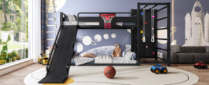 English Elm Twin Metal Loft Bed with Slide Basketball Hoop Climbing Wall and Built-in Shelves Black W1580S00342