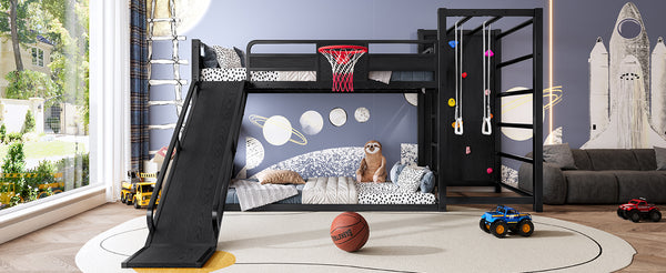 English Elm Twin Metal Loft Bed with Slide Basketball Hoop Climbing Wall and Built-in Shelves Black W1580S00342