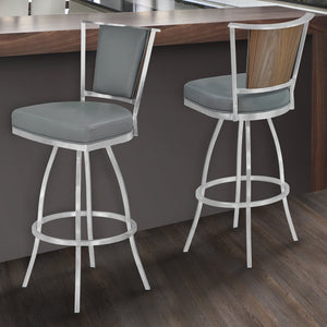 English Elm Tivaro 26" Counter Height Metal Barstool — Gray Faux Leather Swivel Seat, Footrest, Walnut Back B2736P354399