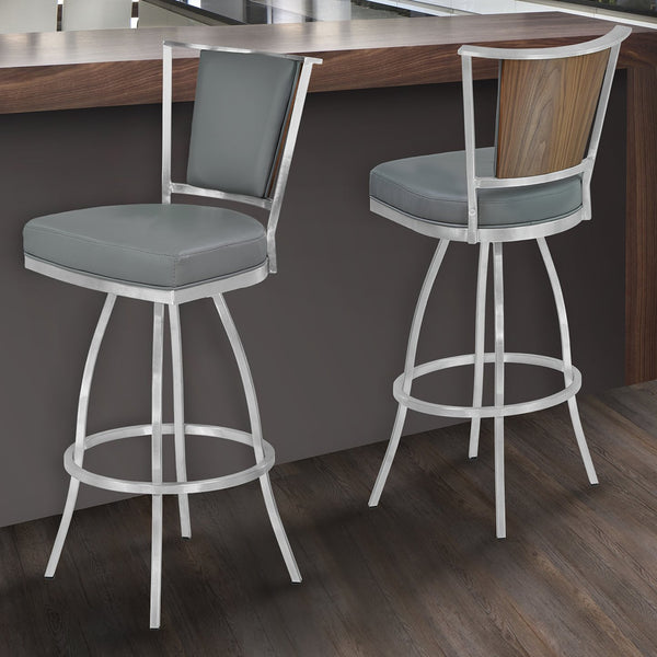 English Elm Tivaro 26" Counter Height Metal Barstool — Gray Faux Leather Swivel Seat, Footrest, Walnut Back B2736P354399