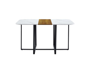 English Elm Modern Dual-texture Dining Table Mdf Top Marble Wood Grain Black Metal Frame Seats Six W3875P389271