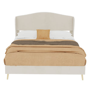 English Elm Suede Tufted Platform Bed Full Size Upholstered Headboard for Restful Bedroom Retreat Beige W1935P361016