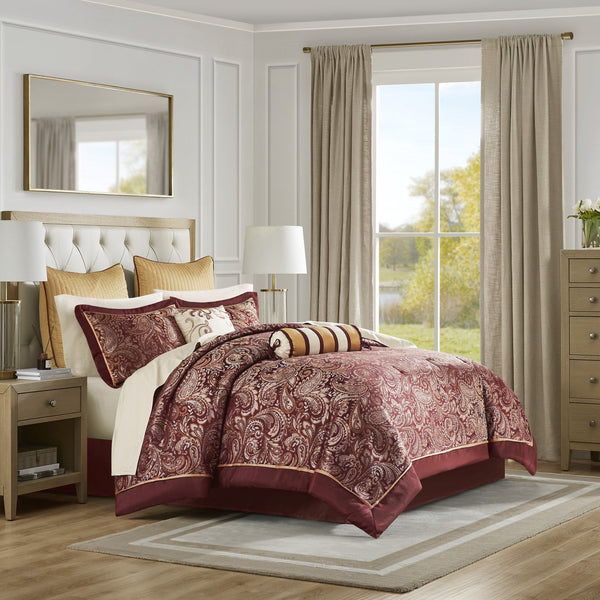 English Elm 12 Piece Comforter Set - Luxurious Burnt Red Jacquard With Cotton Sheets For California King Bed B035128828