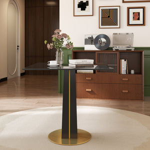 English Elm Modern Round Negotiation Table - 85Cm Black Glass Top, Stylish Wooden Legs & Luxe Gold Base Design W1535S00593