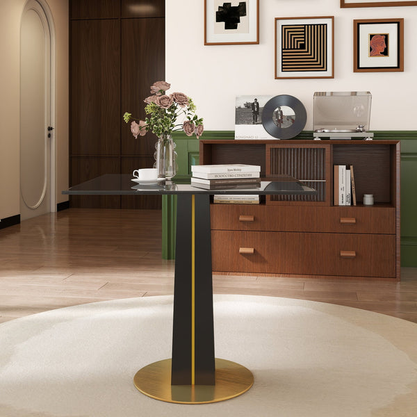 English Elm Modern Round Negotiation Table - 85Cm Black Glass Top, Stylish Wooden Legs & Luxe Gold Base Design W1535S00593