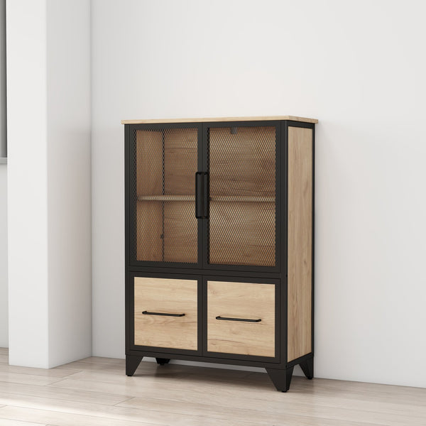 English Elm Storage Cabinet Matte Iron Four Door Sideboard with Adjustable Shelf for Modern Interiors Black+Natural W3151P407883