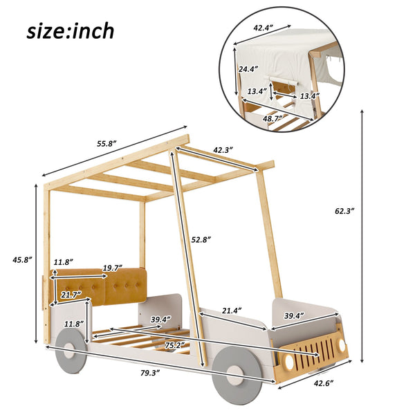 English Elm Wood Twin Car Bed with Pillow, Ceiling Canopy & LED Night Lights, Solid Pine Frame, Fun Kids Ride Bed - Twin Size, Natural Finish WF309288AAM