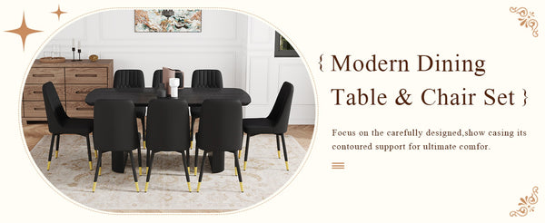 English Elm Table & 8 Black Pu Chairs Set - Modern 67" Mdf Dining Table With Stylish Design & Easy Care Finish W1151S04167-GIGA