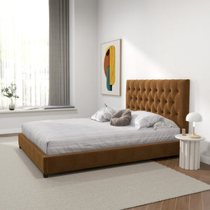 English Elm Ashcroft Furniture - Donald Mid Century Modern Cognac Velvet Platform Bed - Chic, Durable Design For Stylish Comfort B183S00086
