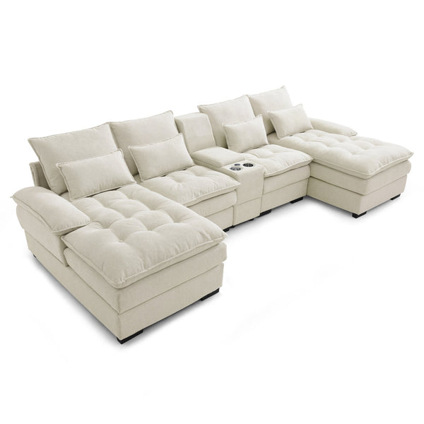 English Elm 130" U-shaped Sectional Sofa Six Seat Linen Upholstered with Built-in Console and Chaise Beige W1117S00271