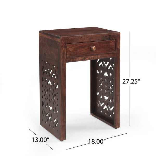 English Elm Christopher Knight Home® - End handcrafted traditional wood end table with carved detailing, mango-faux wood finish, drawer storage, 18"W 67337.00