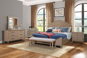 English Elm Queen Panel Bed with Elegant Transitional Design, Solid Wood & MDF Construction, Timeless Centerpiece Appeal Sand 86 L x 18.75 W x 6 H B2699S00014