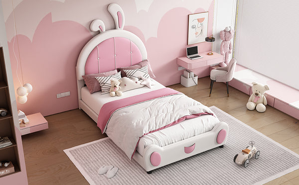 English Elm Twin Upholstered Platform Bed with Ribbit Headboard, White Pink Ears, Low-Profile Modern Frame, Cute WF323763AAK