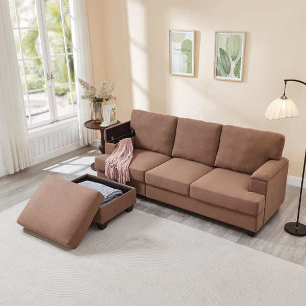English Elm 86" Linen Sectional Sofa with Storage Ottoman Reversible Chaise for Small Spaces W1669S00036