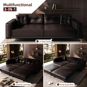 English Elm 92.1"King 3-in-1 Convertible Sleeper Sofa Bed with Tufted Faux Leather, Ultra-Wide Arms, 4-Seater Couch Dark Brown W1885S00210