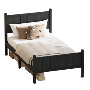 English Elm Twin Platform Bed Vertical Slat Headboard Farmhouse Shaker Wood Grain Finish Bedroom Black N733P422478E