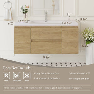 English Elm 48" Floating Bathroom Vanity Wall Mounted Timber Cabinet with Resin Sink Soft Close Oak W1573P152702