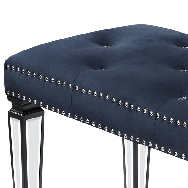 English Elm Dark Navy Velvet Tufted Bench with Mirrored Inlay Legs, Nailhead Trim & Plush Seat for Entryway B062P186458