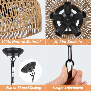 English Elm Large Farmhouse 5-Light Rattan Chandelier with Wicker Shades, 18" Boho Coastal Pendant for Dining Room W2738P185435