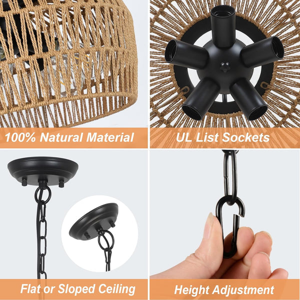 English Elm Large Farmhouse 5-Light Rattan Chandelier with Wicker Shades, 18" Boho Coastal Pendant for Dining Room W2738P185435