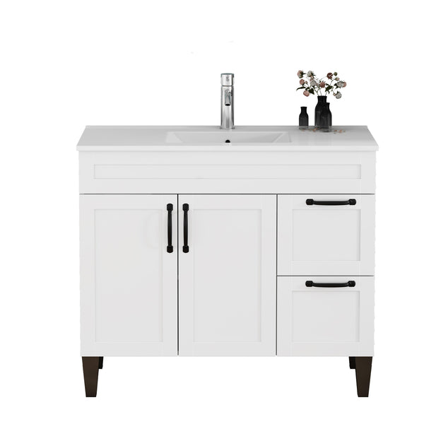 English Elm 39.4-inch White Bathroom Vanity with Sink Soft Close Doors Deep Drawers Black Hardware W3151S00076