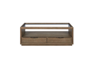 English Elm Glass Top Cocktail Table Cocoa - Tempered Glass, Weathered Wood Finish, Soft-Close Drawers & Casters B2699P323115